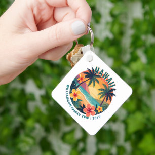 Custom Retro Hawaii Tropical Vacation Family Trip Keychain