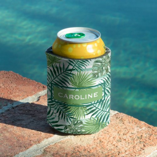 Custom Retro Hip Tropical Green Palm Leafs Pattern Can Cooler