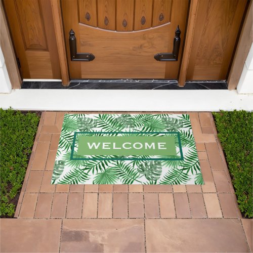 Custom Retro Hip Tropical Green Palm Leafs Pattern Doormat