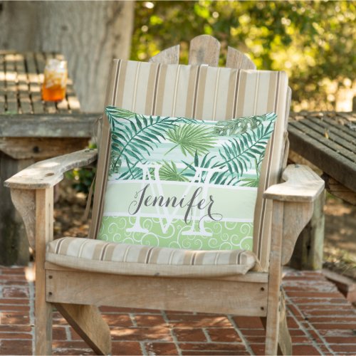 Custom Retro Hip Tropical Green Palm Leafs Pattern Outdoor Pillow