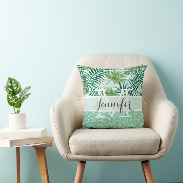 Custom Retro Hip Tropical Green Palm Leafs Pattern Throw Pillow (Chair)
