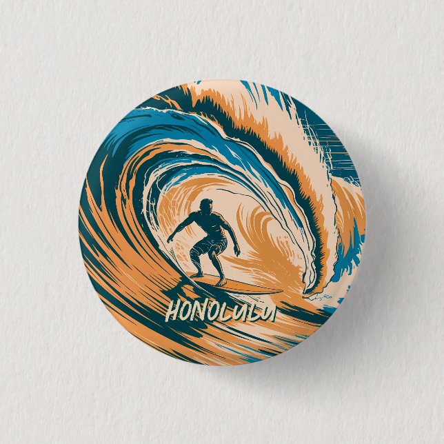 Custom Retro Honolulu Hawaii Surfer Surfing Ocean Button (Front)