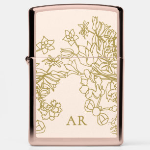 Custom Retro Ivory Gold Floral Hand Drawn Line Art Zippo Lighter