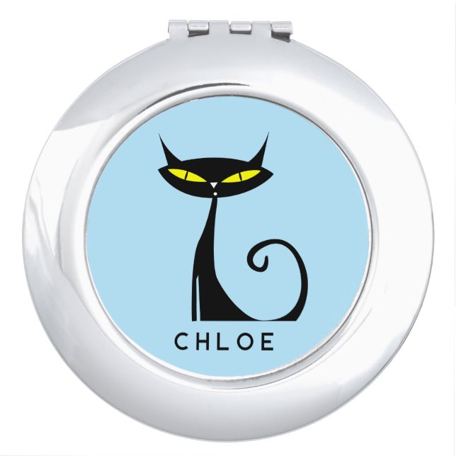 Custom Retro Mid Century Modern Atomic Black Cat Compact Mirror (Front)