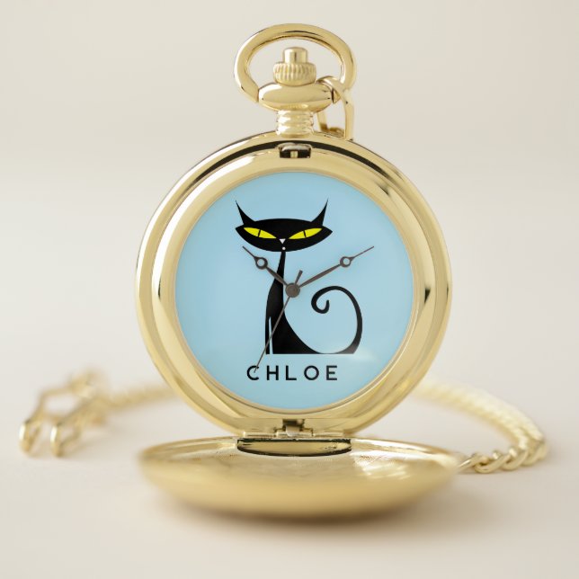 Custom Retro Mid Century Modern Atomic Black Cat Pocket Watch (Inside)