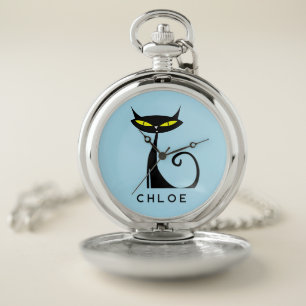 Custom Retro Mid Century Modern Atomic Black Cat Pocket Watch