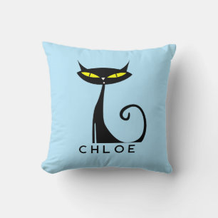 Custom Retro Mid Century Modern Atomic Black Cat Throw Pillow