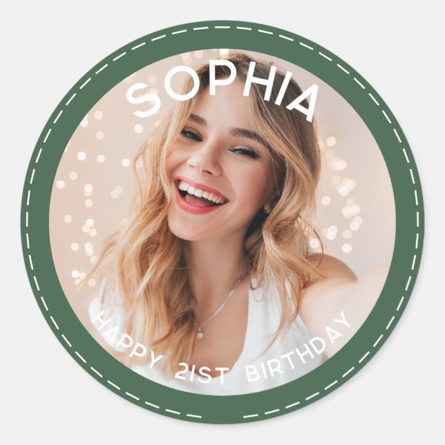 Custom Retro Midcentury Modern 21st Birthday Photo Classic Round Sticker (Front)