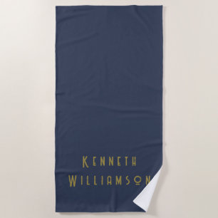 Custom Retro Minimalist Navy Blue Gold Name Men Beach Towel
