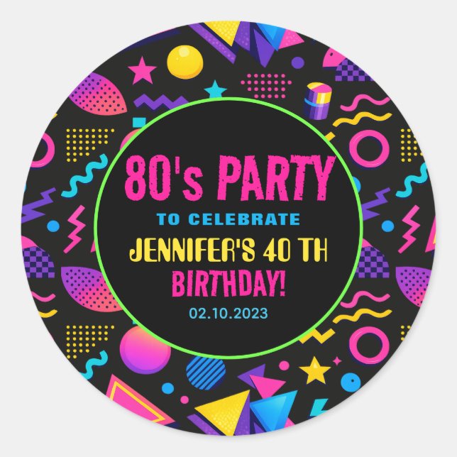 Custom Retro Neon 80’s Birthday – Fun Adult  Classic Round Sticker (Front)