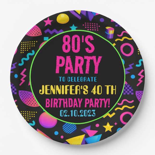 Custom Retro Neon 80’s Birthday – Fun Adult  Paper Plates (Front)