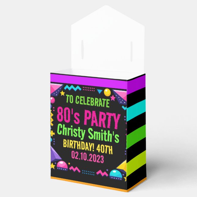Custom Retro Neon 80’s Birthday Party Favor Boxes (Opened)