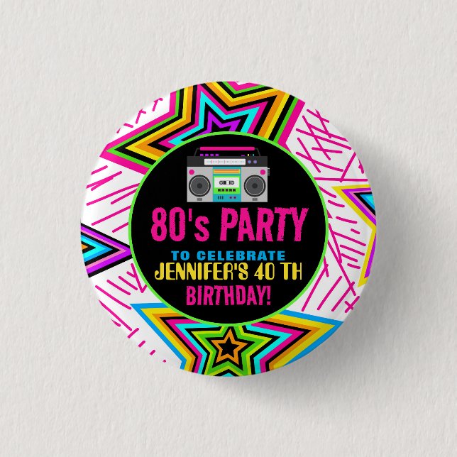 Custom Retro Neon 80's Birthday Party Button (Front)