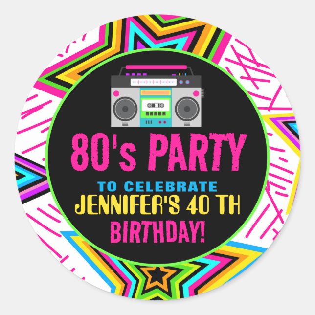 Custom Retro Neon 80's Birthday Party Classic Round Sticker (Front)