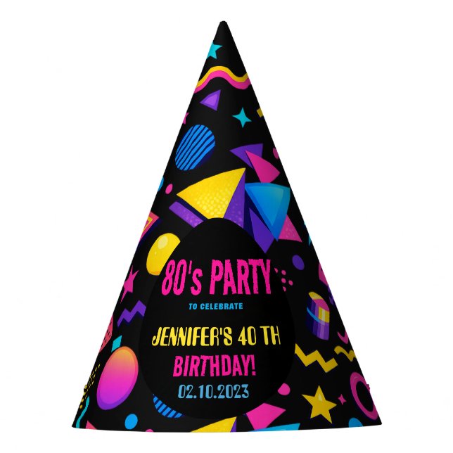 Custom Retro Neon 80's Birthday Party Hat (Front)
