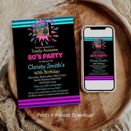 Custom Retro Neon 80s Birthday Party Invitation