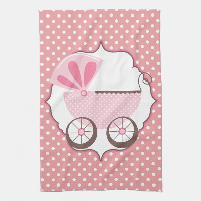 Custom Retro Pink Carriage Baby Shower Towel (Vertical)