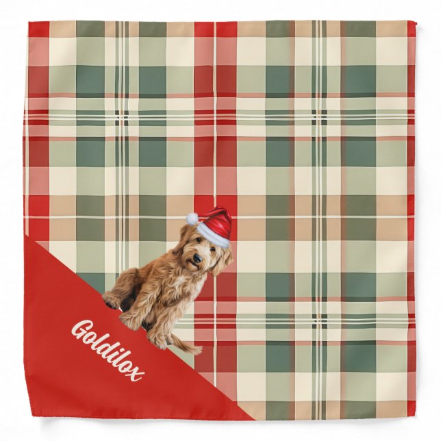 Custom Retro Plaid Goldendoodle Santa Christmas Bandana (Front)