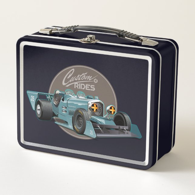 Custom retro race car concept metal lunch box (Front)