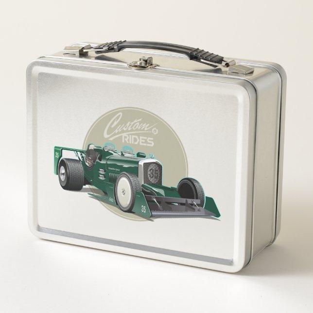 Custom retro race car concept metal lunch box (Front)
