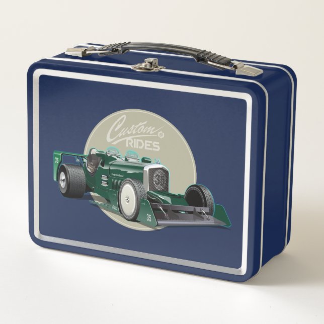 Custom retro race car concept metal lunch box (Front)