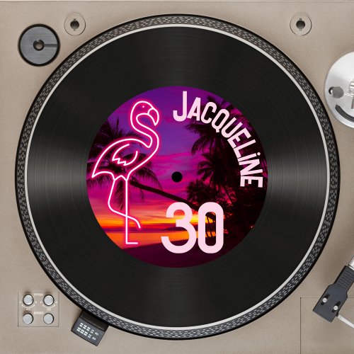 Custom Retro Record Neon Flamingo 30th Birthday Invitation