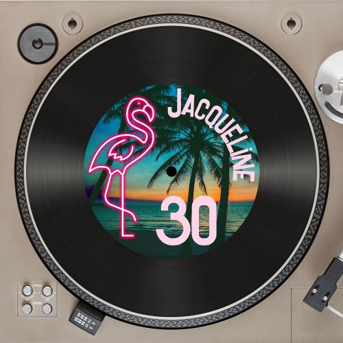 Custom Retro Record Neon Flamingo 30th Birthday Invitation