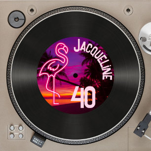 Custom Retro Record Neon Flamingo 40th Birthday Invitation
