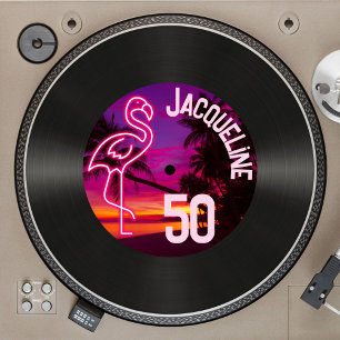 Custom Retro Record Neon Flamingo 50th Birthday Invitation