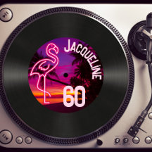 Custom Retro Record Neon Flamingo 60th Birthday
