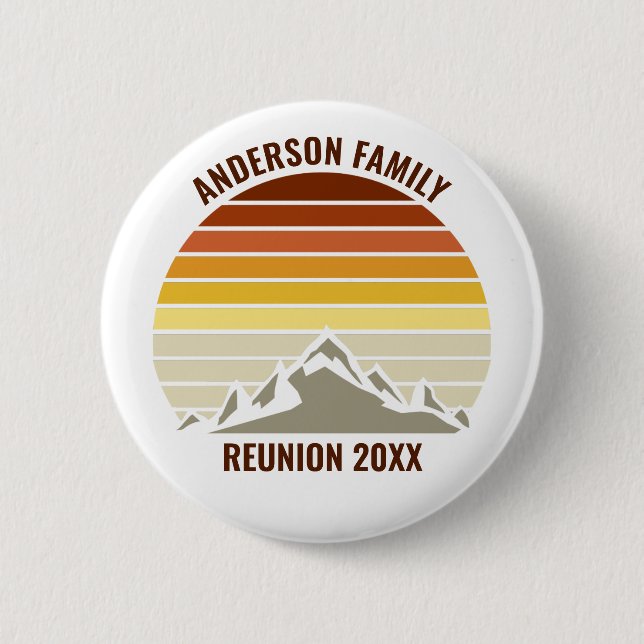 Custom Retro Sunset Mountain Family Reunion Party Button (Front)