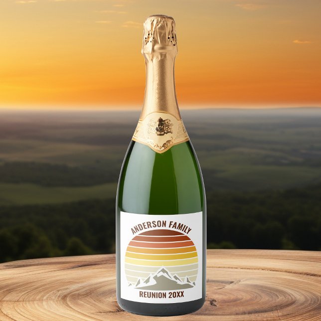 Custom Retro Sunset Mountain Family Reunion Party Sparkling Wine Label (Creator Uploaded)