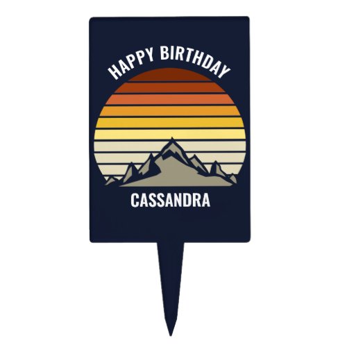 Custom Retro Sunset Mountain Navy Blue Birthday Cake Topper