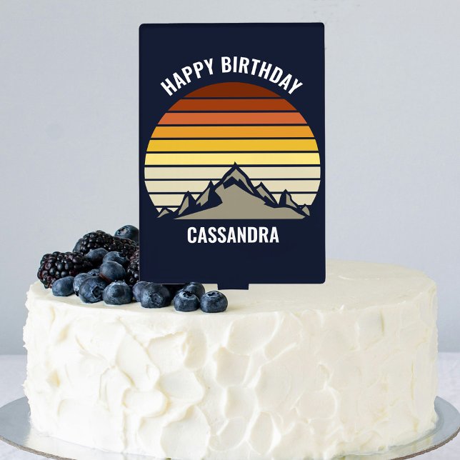 Custom Retro Sunset Mountain Navy Blue Birthday Cake Topper (Creator Uploaded)