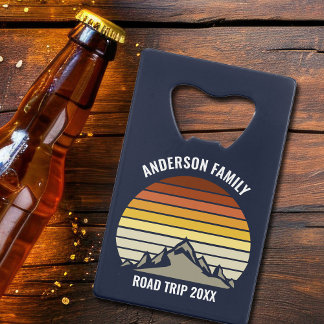 Custom Retro Sunset Mountain Navy Blue Credit Card Bottle Opener