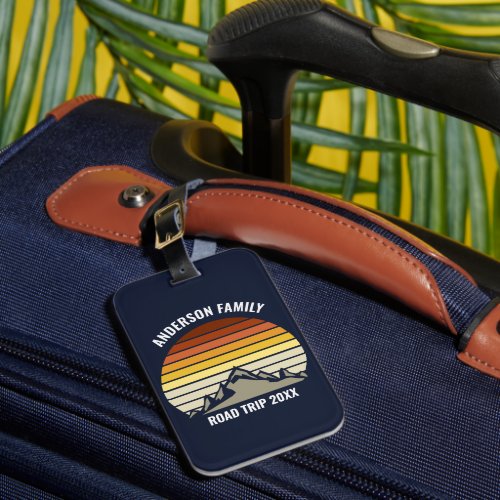 Custom Retro Sunset Mountain Navy Blue Luggage Tag