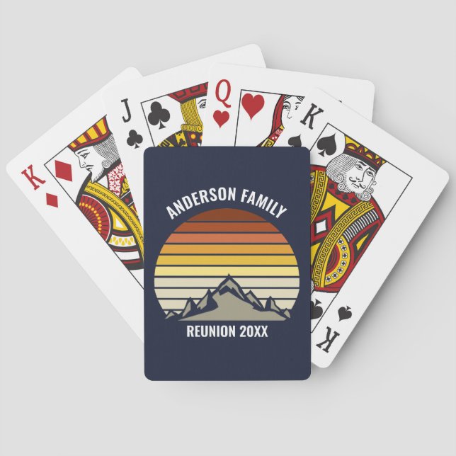 Custom Retro Sunset Mountain Navy Blue Poker Cards (Back)