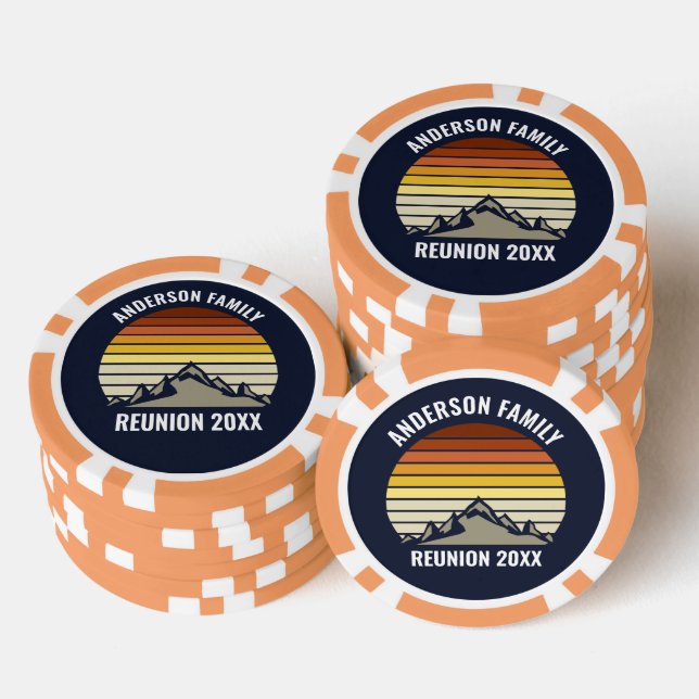 Custom Retro Sunset Mountain Navy Blue Poker Chips (Stack)