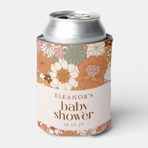 Custom Retro Terracotta Boho Floral Baby Shower Can Cooler