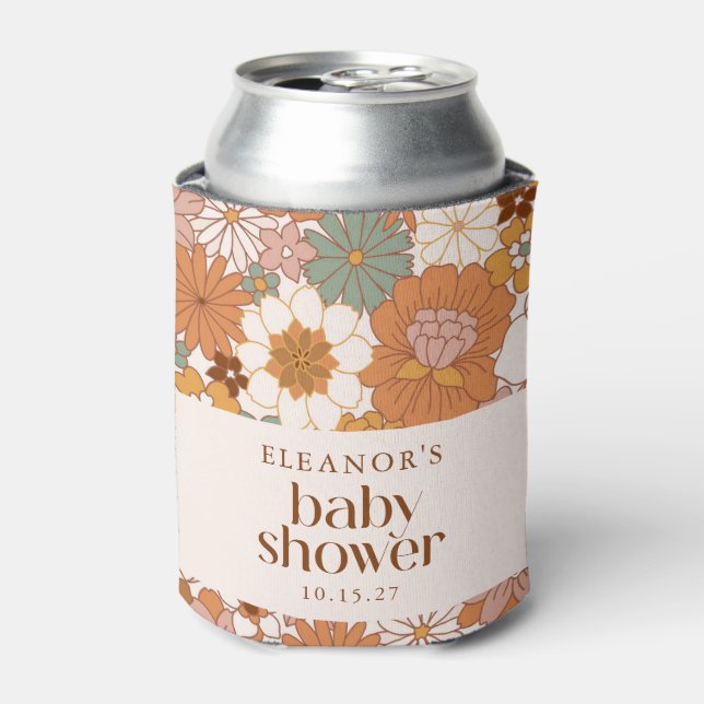 Custom Retro Terracotta Boho Floral Baby Shower Can Cooler (Can Front)