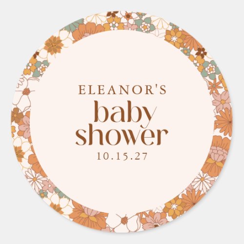 Custom Retro Terracotta Boho Floral Baby Shower Classic Round Sticker