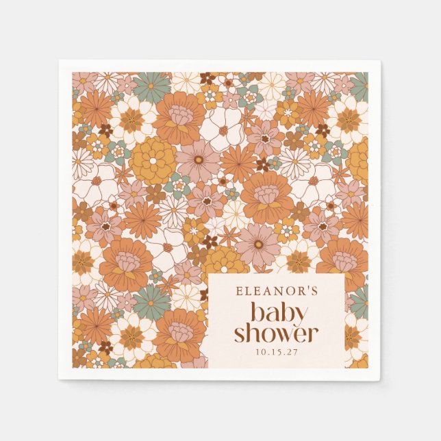 Custom Retro Terracotta Boho Floral Baby Shower Napkins (Front)