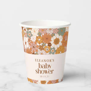 Custom Retro Terracotta Boho Floral Baby Shower Paper Cups