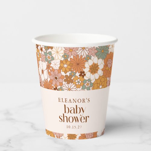 Custom Retro Terracotta Boho Floral Baby Shower Paper Cups