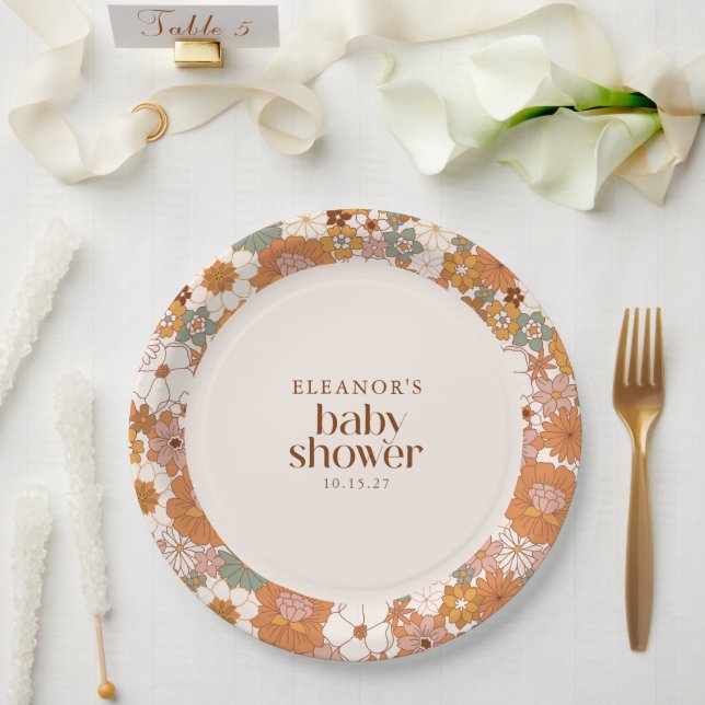 Custom Retro Terracotta Boho Floral Baby Shower Paper Plates (Wedding)