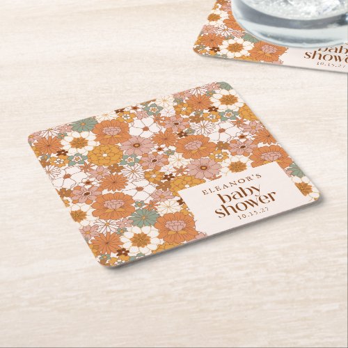 Custom Retro Terracotta Boho Floral Baby Shower Square Paper Coaster