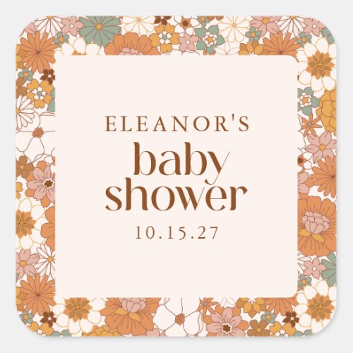 Custom Retro Terracotta Boho Floral Baby Shower Square Sticker