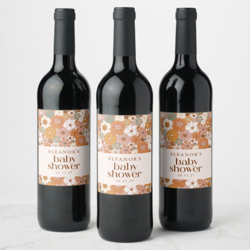 Custom Retro Terracotta Boho Floral Baby Shower Wine Label
