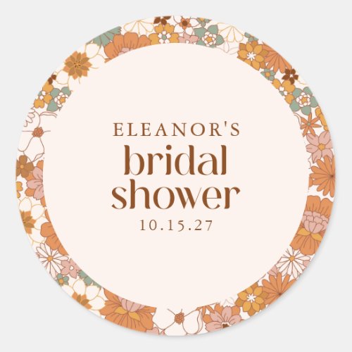 Custom Retro Terracotta Boho Floral Bridal Shower Classic Round Sticker