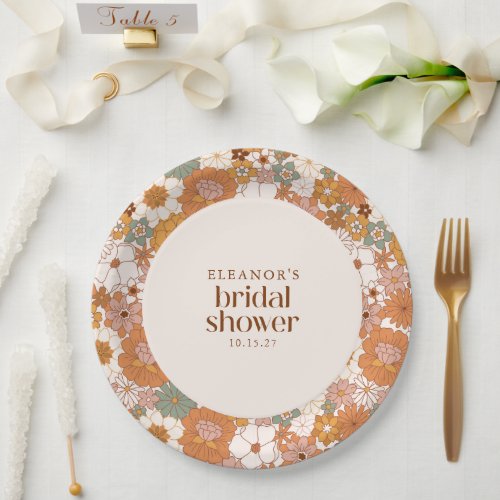 Custom Retro Terracotta Boho Floral Bridal Shower Paper Plates